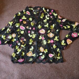 JS Boutique Black Mesh Evening Cardigan Ribbon Floral & Sequins 10P